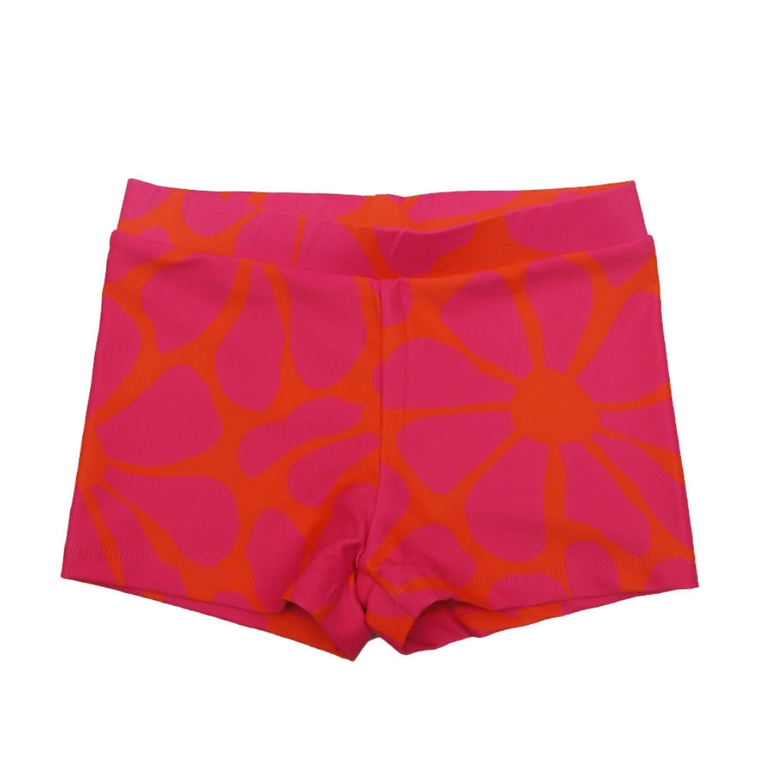Bright tangy blossom print Vizzies Swim kids swim shorts, shown flat against a plain white background.